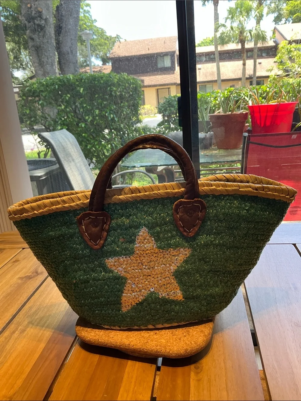 Green Woven Tote with Star Accent and Brown Handles
